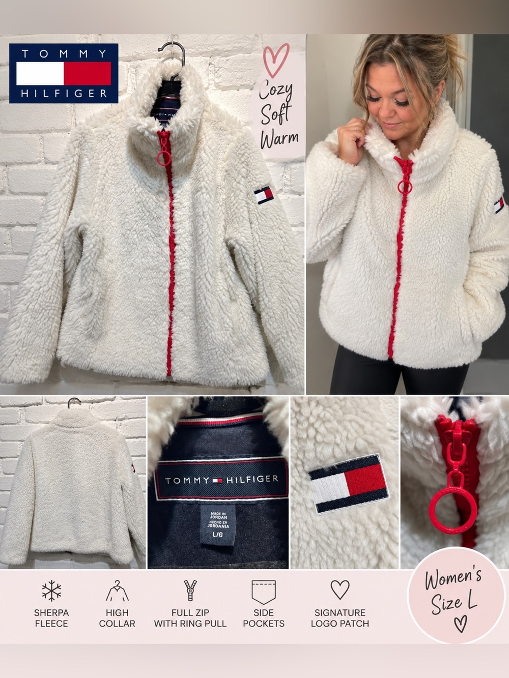 Tommy Hilfiger White Sherpa Teddy Jacket Red Zip Women’s L